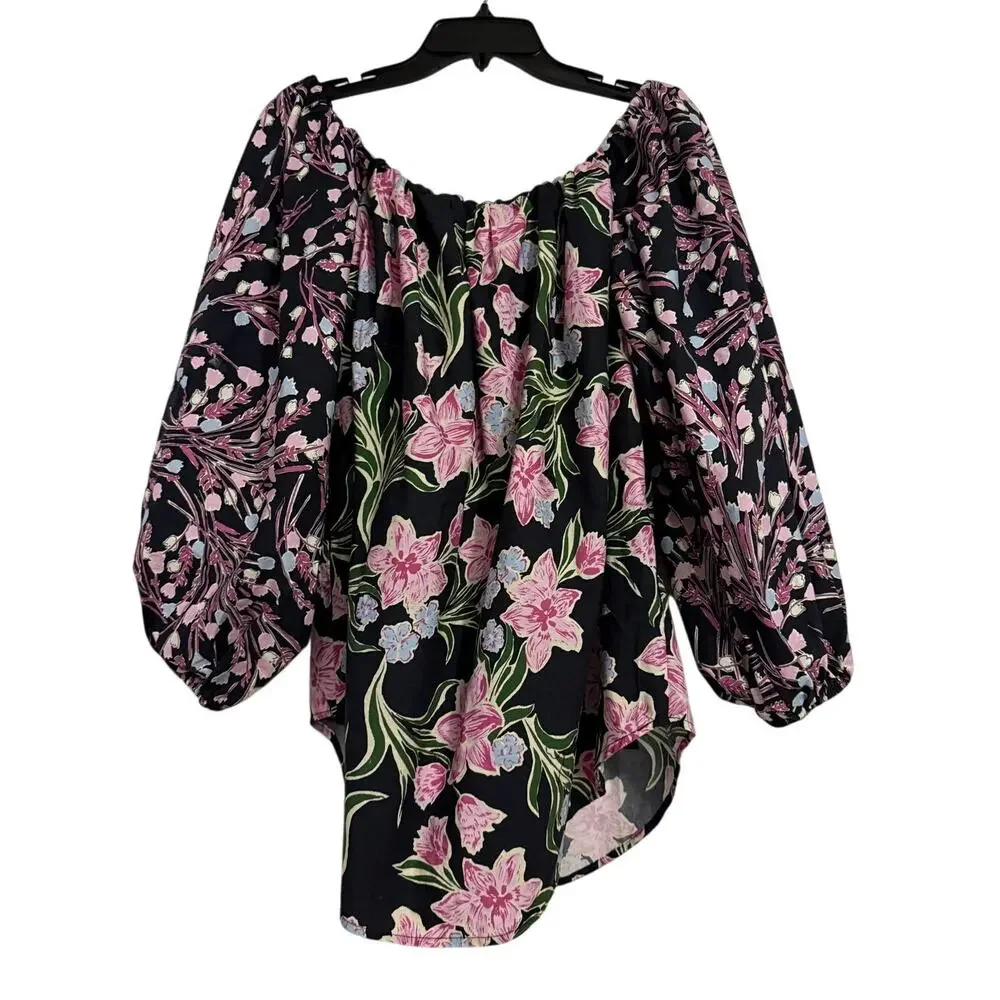 Free People Floral Boho Peasant Top S Puff Sleeve Off Shoulder Blouse w Pockets